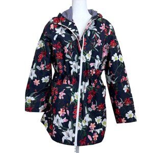 Nuage Rain Coat Jacket Hooded Pockets Floral Navy White Red Pink Womens Size L